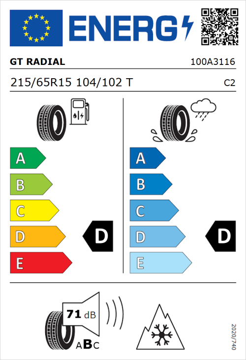 Tyre Label for GT Radial Maxmiler WT2 215/65R15 104/102T