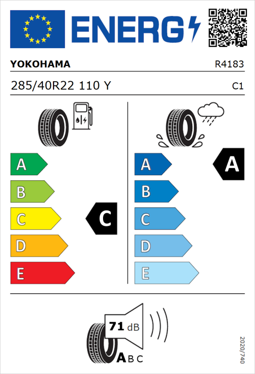 Tyre Label for Yokohama Advan Sport 285/40R22 110Y