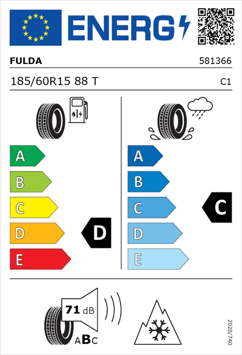 Tyre Label for Fulda Kristall Montero 3 185/60R15 88T