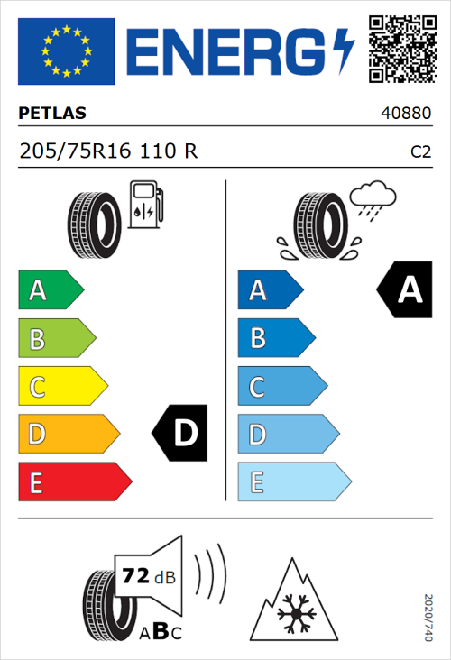 Tyre Label for Petlas Full Grip PT925 205/75R16 110R