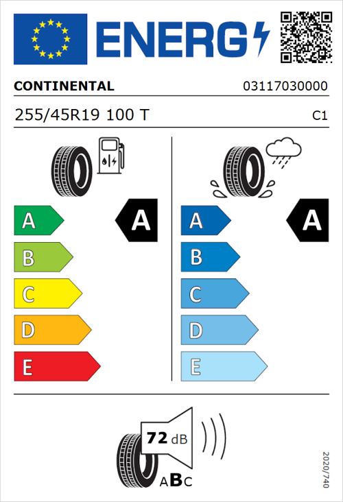 Tyre Label for Continental EcoContact 6 255/45R19 100T