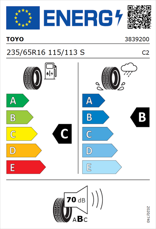 Tyre Label for Toyo NANOENERGY VAN 235/65R16 115/113S