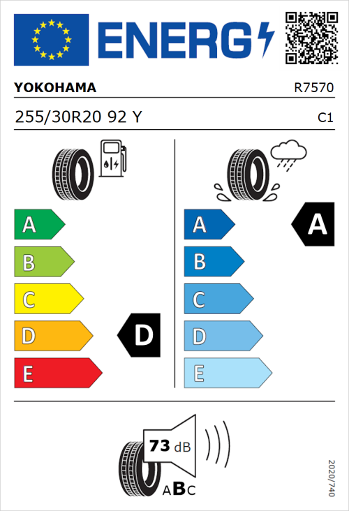 Tyre Label for Yokohama Advan Sport V107 255/30R20 92Y