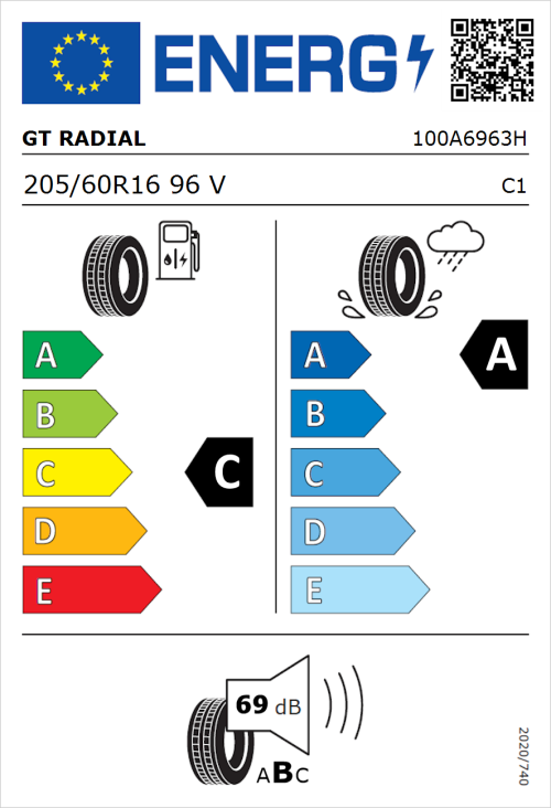 Tyre Label for GT Radial FE2 Evo 205/60R16 96V