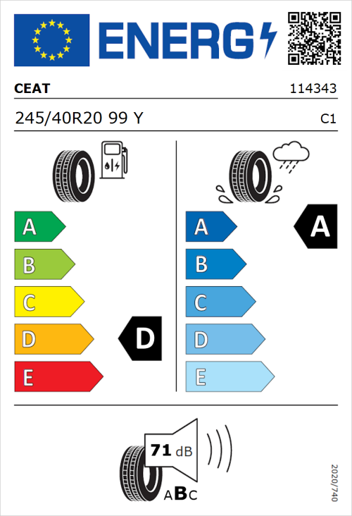Tyre Label for CEAT SportDrive 245/40R20 99Y